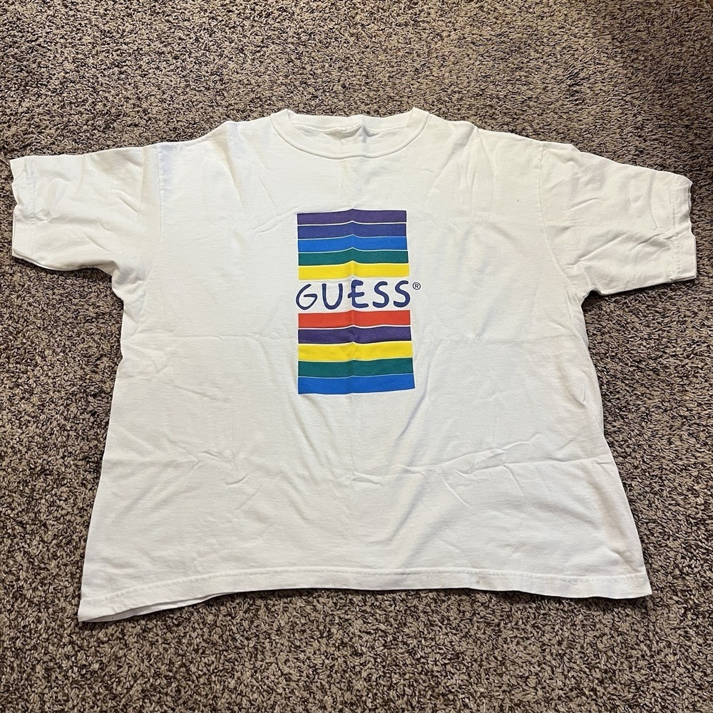 Vtg 90s Guess Womens Large Rainbow Colorful Striped Logo Spell Out T-Shirt - See